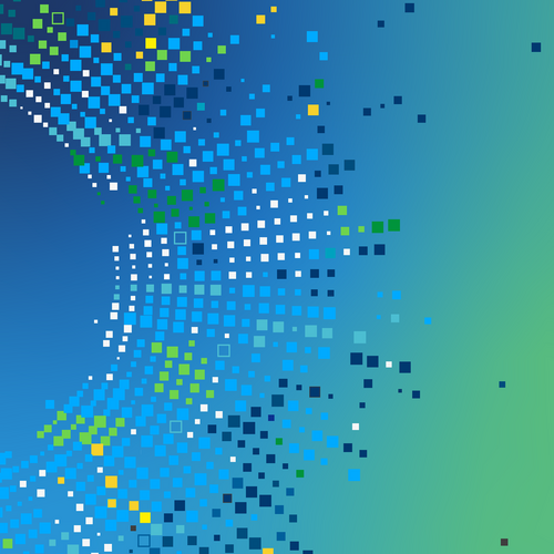 An arched explosion of small squares in the Vertex color palette.